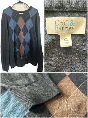 croft & barrow Gray Crewneck Sweater with Blue and Brown Argyle